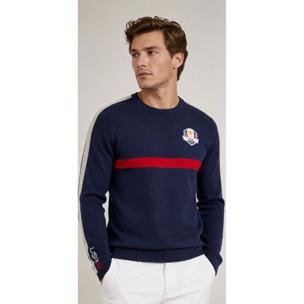 RLX Ralph Lauren 2018 U.S. Ryder Cup Team Sweater Large Navy Wool Blend USA Golf